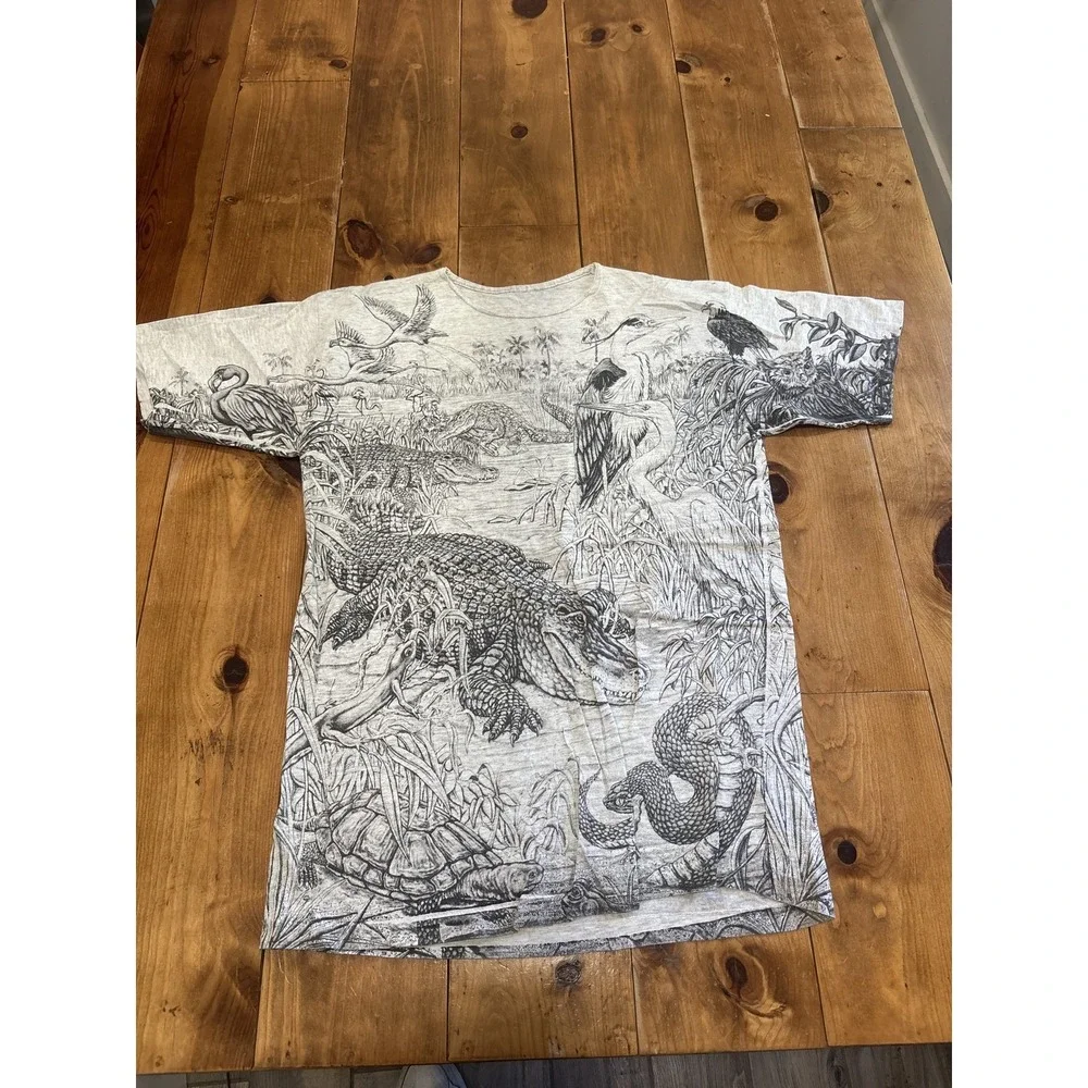 Vintage 90s All Over Print Nature T-Shirt Men's L Florida Wildlife Alligator
